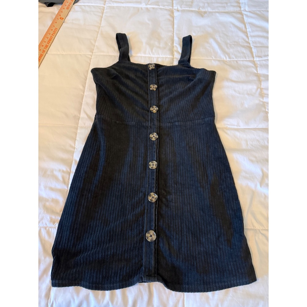 Black Corduroy Button Down Mini Dress Sleeveless Pinafore Ribbed Tank Dress